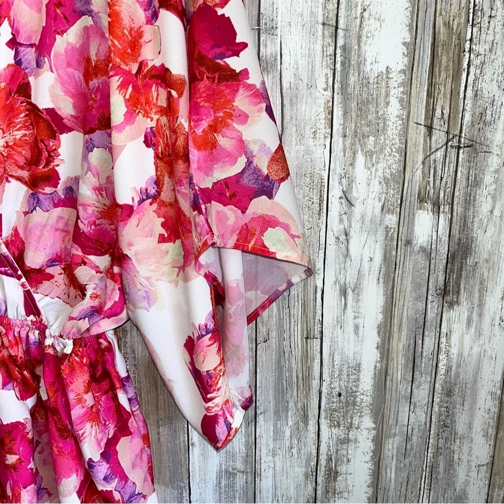 Flying Tomato Lipstick Floral Chiffon Kimono Sleeve Pink, Orange Blouse - Picture 3 of 7